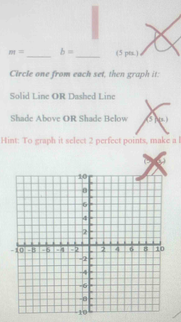 b=
m= _ _(5 pts.)
Circle one from each set, then graph it:
Solid Line OR Dashed Line
Shade Above OR Shade Below
Hint: To graph it select 2 perfect points, make a l