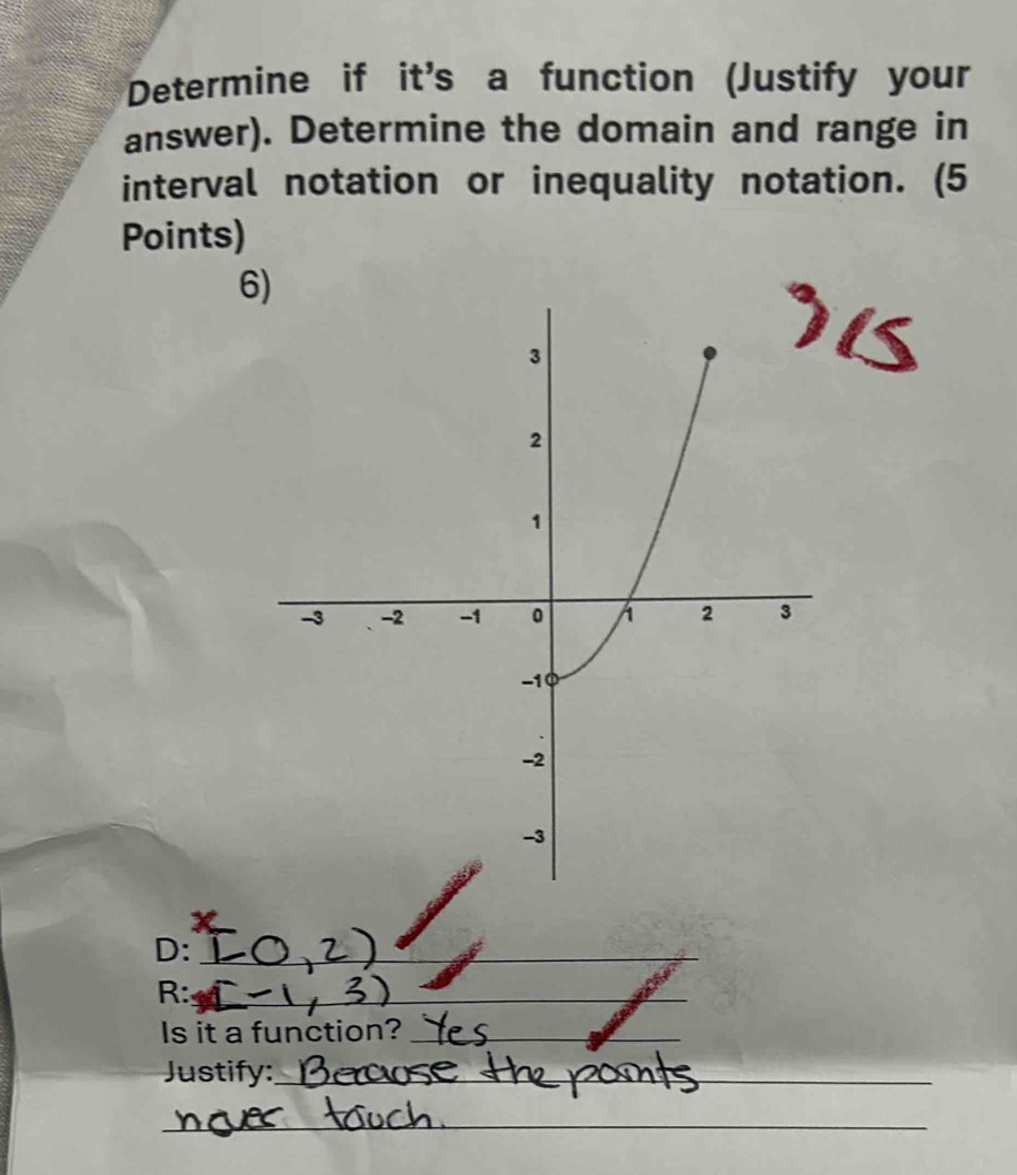 Determine if it's a function (Justify your 
answer). Determine the domain and range in 
interval notation or inequality notation. (5 
Points) 
6 
D:_ 
R:_ 
Is it a function?_ 
Justify:_ 
_