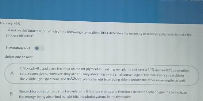 Accuracy: 47%
Based on this information, which of the following explanations BEST describes the necessity of accessory pigments to make the
process effective?
Elimination Tool
Select one answer
Chlorophyll a and b are the most abundant pigments found in green plants and have a 50% and an 80% absorption
A rate, respectively. However, they are still only absorbing a very small percentage of the total energy available in
the visible light spectrum, and therefore, plants beneft from being able to absorb the other wavelengths as well.
B Since chlorophyll a has a short wavelength, it has less energy and therefore needs the other pigments to increase
the energy being absorbed as light hits the photosystems in the thylakoids.