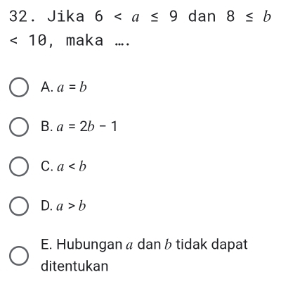 Jika 6 dan 8≤ b
<1θ , maka ....
A. a=b
B. a=2b-1
C. a
D. a>b
E. Hubungan a dan b tidak dapat
ditentukan