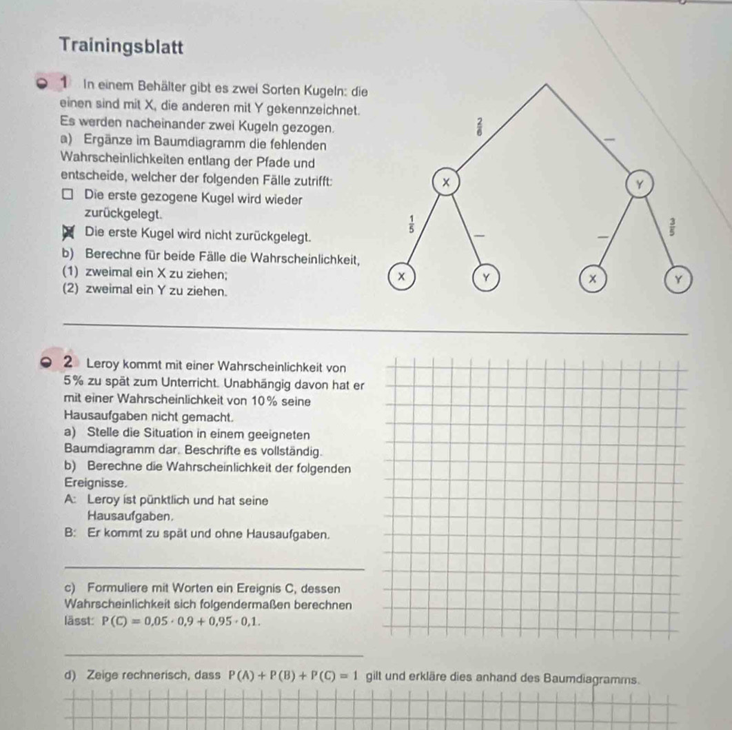 Trainingsblatt
1 In einem Behälter gibt es zwei Sorten Kugeln: di
einen sind mit X, die anderen mit Y gekennzeichnet.
Es werden nacheinander zwei Kugeln gezogen.
a) Ergänze im Baumdiagramm die fehlenden
Wahrscheinlichkeiten entlang der Pfade und
entscheide, welcher der folgenden Fälle zutrifft:
Die erste gezogene Kugel wird wieder
zurückgelegt. 
Die erste Kugel wird nicht zurückgelegt.
b) Berechne für beide Fälle die Wahrscheinlichkeit,
(1) zweimal ein X zu ziehen; 
(2) zweimal ein Y zu ziehen.
2 Leroy kommt mit einer Wahrscheinlichkeit von
5% zu spät zum Unterricht. Unabhängig davon hat er
mit einer Wahrscheinlichkeit von 10% seine
Hausaufgaben nicht gemacht.
a) Stelle die Situation in einem geeigneten
Baumdiagramm dar. Beschrifte es vollständig.
b) Berechne die Wahrscheinlichkeit der folgenden
Ereignisse.
A: Leroy ist pünktlich und hat seine
Hausaufgaben.
B: Er kommt zu spät und ohne Hausaufgaben.
_
c) Formuliere mit Worten ein Ereignis C, dessen
Wahrscheinlichkeit sich folgendermaßen berechnen
lässt: P(C)=0,05· 0,9+0,95· 0,1.
_
d) Zeige rechnerisch, dass P(A)+P(B)+P(C)=1 gilt und erkläre dies anhand des Baumdiagramms.
_