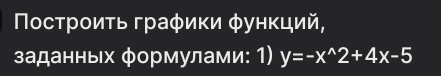 Πостроиτь граφики φункций, 
заданных формулами: 1) y=-x^(wedge)2+4x-5