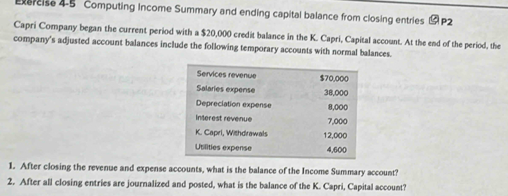 Computing Income Summary and ending capital balance from closing entries P2
Capri Company began the current period with a $20,000 credit balance in the K. Capri, Capital account. At the end of the period, the 
company's adjusted account balances include the following temporary accounts with normal balances. 
1. After closing the revenue and expense accounts, what is the balance of the Income Summary account? 
2. After all closing entries are journalized and posted, what is the balance of the K. Capri, Capital account?