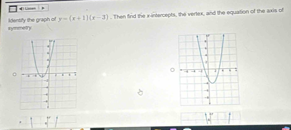 ) Lister 
Identify the graph of y=(x+1)(x-3). Then find the x-intercepts, the vertex, and the equation of the axis of 
symmetry.
0
4.