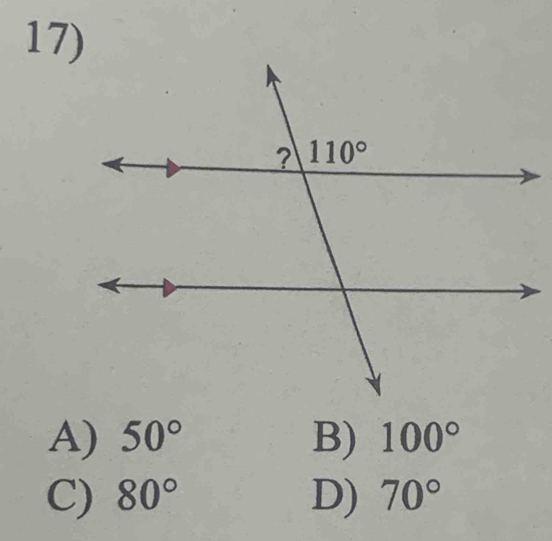 A) 50° B) 100°
C) 80° D) 70°