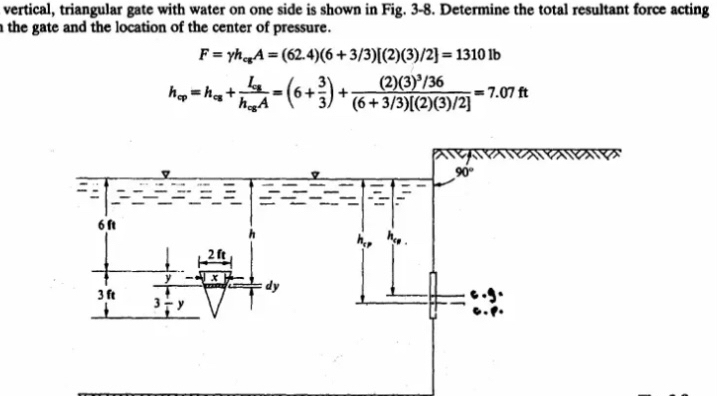 vertical, triangular gate with water on one side is shown in Fig. 3-8. Determine the total resultant force acting
n the gate and the location of the center of pressure.
F=gamma h_cgA=(62.4)(6+3/3)[(2)(3)/2]=13101b
h_cp=h_cs+frac I_csh_csA=(6+ 3/3 )+frac (2)(3)^3/36(6+3/3)[(2)(3)/2]=7.07ft