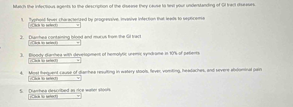 Match the infectious agents to the description of the disease they cause to test your understanding of GI tract diseases. 
1. Typhoid fever characterized by progressive, invasive infection that leads to septicemia 
(Click to select) 
2. Diarrhea containing blood and mucus from the Gl tract 
(Click to select) 
3. Bloody diarrhea with development of hemolytic uremic syndrome in 10% of patients 
(Click to select) 
4. Most frequent cause of diarrhea resulting in watery stools, fever, vomiting, headaches, and severe abdominal pain 
(Click to select) 
5. Diarrhea described as rice water stools 
(Click to select)