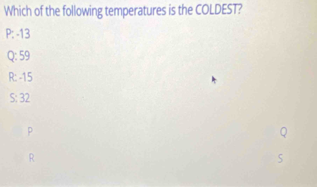 Which of the following temperatures is the COLDEST?
P: -13
Q: 59
R: -15
S: 32
p
R
S