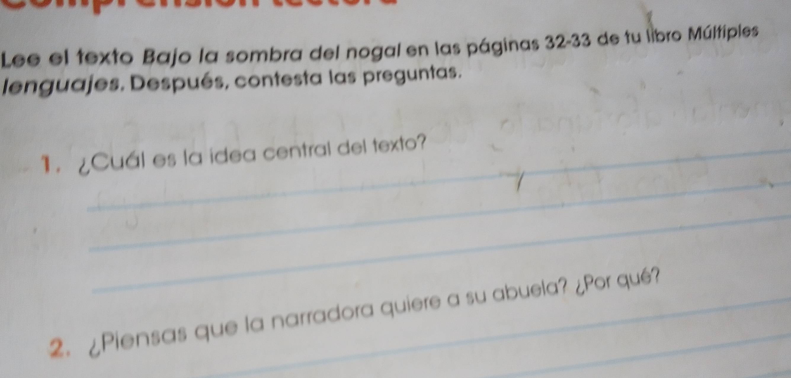 Lee el texto Bajo la sombra del nogal en las páginas 32-33 de tu libro Múltiples 
lenguajes. Después, contesta las preguntas. 
_ 
1. ¿Cuál es la idea central del texto? 
_ 
_ 
_ 
2. ¿Piensas que la narradora quiere a su abuela? ¿Por qué?