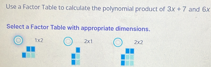 Solved: Use a Factor Table to calculate the polynomial product of 3x+7 ...