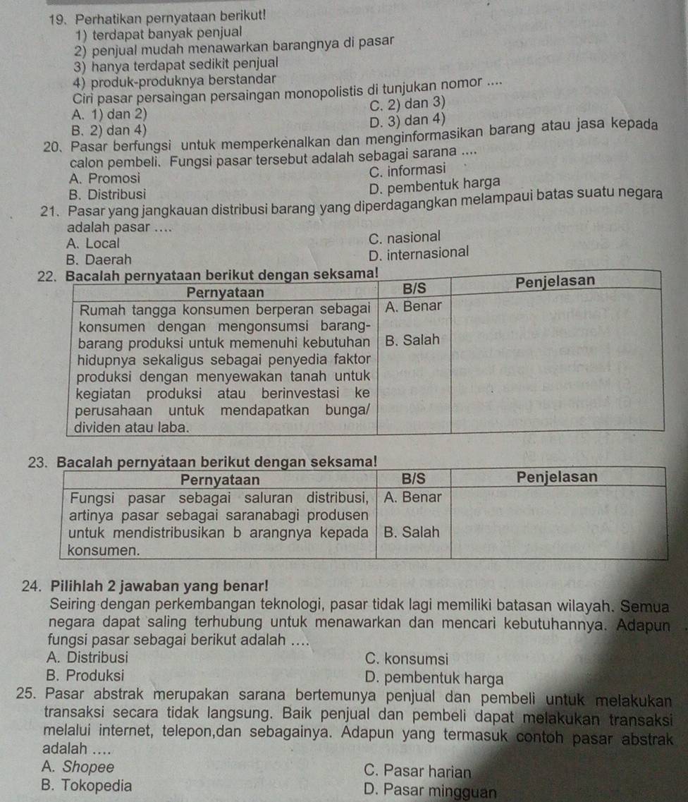 Perhatikan pernyataan berikut!
1) terdapat banyak penjual
2) penjual mudah menawarkan barangnya di pasar
3) hanya terdapat sedikit penjual
4) produk-produknya berstandar
Ciri pasar persaingan persaingan monopolistis di tunjukan nomor ....
C. 2) dan 3)
A. 1) dan 2)
D. 3) dan 4)
B. 2) dan 4)
20. Pasar berfungsi untuk memperkenalkan dan menginformasikan barang atau jasa kepada
calon pembeli. Fungsi pasar tersebut adalah sebagai sarana ....
A. Promosi
C. informasi
B. Distribusi
D. pembentuk harga
21. Pasar yang jangkauan distribusi barang yang diperdagangkan melampaui batas suatu negara
adalah pasar ....
A. Local C. nasional
B. Daerah
D. internasional
24. Pilihlah 2 jawaban yang benar!
Seiring dengan perkembangan teknologi, pasar tidak lagi memiliki batasan wilayah. Semua
negara dapat saling terhubung untuk menawarkan dan mencari kebutuhannya. Adapun
fungsi pasar sebagai berikut adalah ....
A. Distribusi C. konsumsi
B. Produksi D. pembentuk harga
25. Pasar abstrak merupakan sarana bertemunya penjual dan pembeli untuk melakukan
transaksi secara tidak langsung. Baik penjual dan pembeli dapat melakukan transaksi
melalui internet, telepon,dan sebagainya. Adapun yang termasuk contoh pasar abstrak
adalah ....
A. Shopee
C. Pasar harian
B. Tokopedia
D. Pasar mingguan