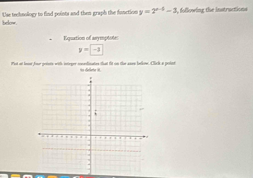 Use technology to find points and then graph the function y=2^(x-5)-3 , following the instructions 
below. 
Equation of asymptote:
y=-3
Plst at least four paints with integer coondinates that fit on the anes below. Click a point 
to delete it.