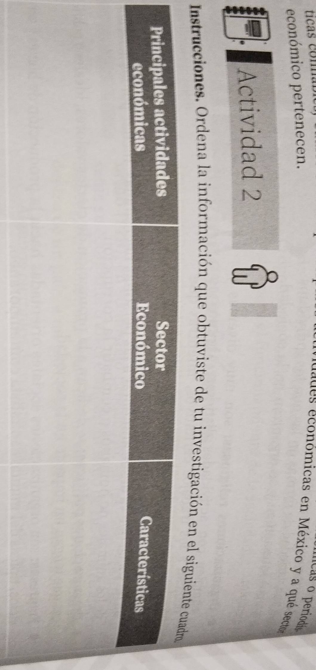 ticas coma 
mcas o periodiís 
económico pertenecen. 
ades económicas en México y a qué sector 
Actividad 2 
Instrucciones. Ordena la información que obtuviste de tu investigación en el s