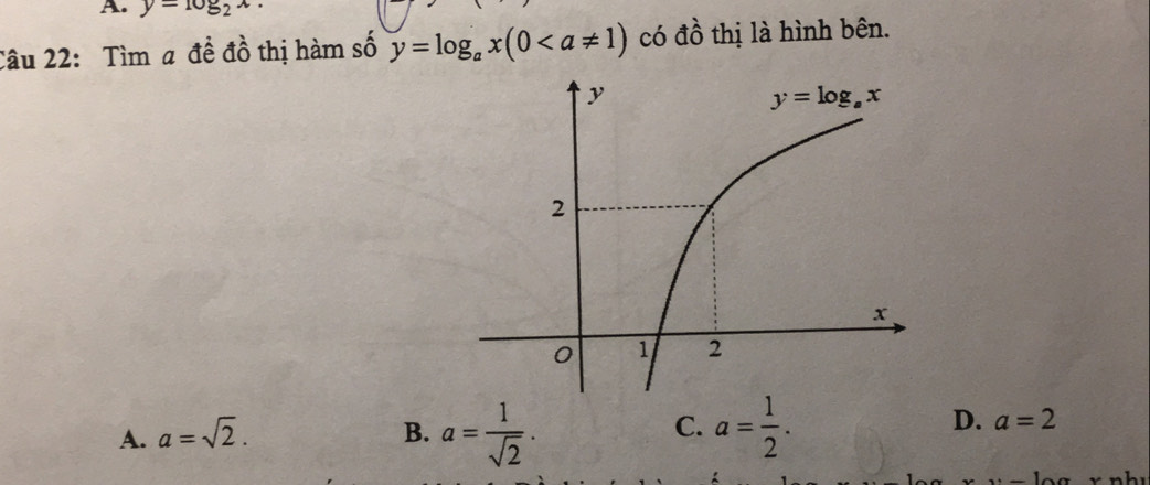 y=log _2x.
Câu 22: Tìm a đề đồ thị hàm số y=log _ax(0 có đồ thị là hình bên.
C.
A. a=sqrt(2). B. a= 1/sqrt(2) . a= 1/2 .
D. a=2