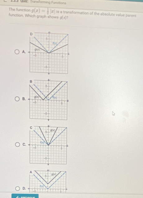 23.3 Quiz: Transforming Functions
The function g(x)= 1/2 |x| is a transformation of the absolute value parent
function. Which graph shows g(x)
A
B
C
A
4
5 g(x)
D. f(x)
-5 5