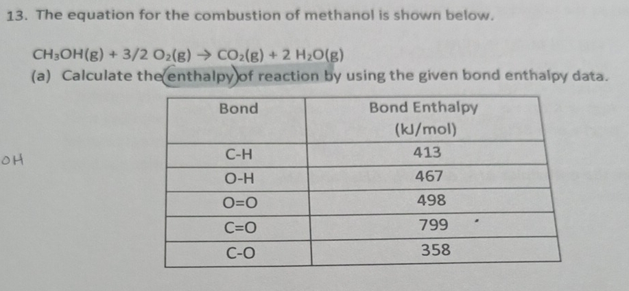 The equation for the combustion of methanol is shown below.
CH_3OH(g)+3/2O_2(g)to CO_2(g)+2H_2O(g)
(a) Calculate the enthalpy of reaction by using the given bond enthalpy data.