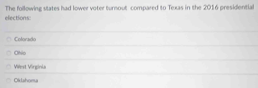 The following states had lower voter turnout compared to Texas in the 2016 presidential
elections:
Colorado
Ohio
West Virginia
Oklahoma