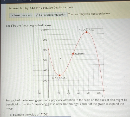 Score on last try: 6.67 of 10 pts. See Details for more.
> Next question Get a similar question You can retry this question below
Let f be the functi
For each of the following questions, pay close attention to the scale on the axes. It also might be
beneficial to use the ''magnifying glass'' in the bottom-right corner of the graph to expand the
image.
a. Estimate the value of f'(50).