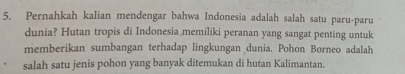 Pernahkah kalian mendengar bahwa Indonesia adalah salah satu paru-paru 
dunia? Hutan tropis di Indonesia memiliki peranan yang sangat penting untuk 
memberikan sumbangan terhadap lingkungan dunia. Pohon Borneo adalah 
salah satu jenis pohon yang banyak ditemukan di hutan Kalimantan.