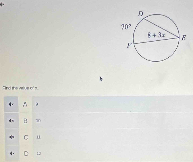 ×
Find the value of x.
A 9
B 10
C 11
× 12