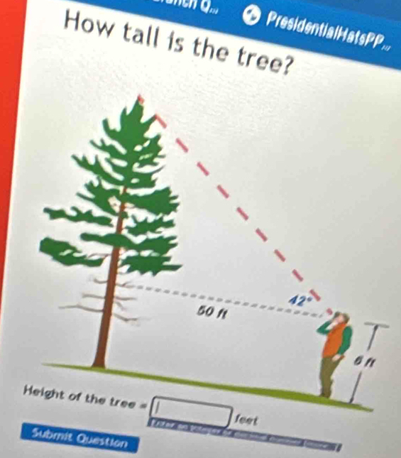 Q_nv PresidentialHatsPP...
How tall is the tree?
=□ feet
Submit Question