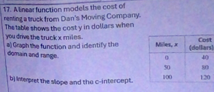 A linear function rodels the cost of 
renting a truck from Dan's Moving Company. 
The table shows the cost y in dollars when 
you drive the truck x miles. t 
a) Graph the function and identify the s) 
domain and range. 
b) Interpret the slope and the c -intercept.