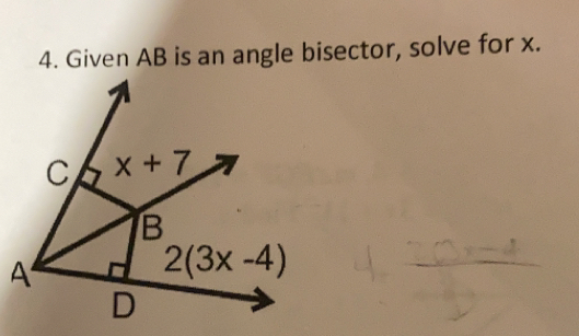 Given AB is an angle bisector, solve for x.