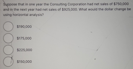 Suppose that in one year the Consulting Corporation had net sales of $750,000
and in the next year had net sales of $925,000. What would the dollar change be
using horizontal analysis?
$190,000
$175,000
$225,000
$150,000