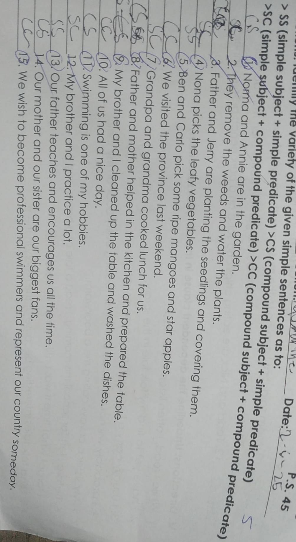Date: 
P.S. 45 
cnily the variety of the given simple sentences as to: 
> SS (simple subject + simple predicate) >CS (compound subject + simple predicate)
SC (simple subject + compound predicate) >CC (compound subject + compound predicate) 
Norma and Annie are in the garden. 
2. They remove the weeds and water the plants. 
3. Father and Jerry are planting the seedlings and covering them. 
4 Nona picks the leafy vegetables. 
5 Ben and Carlo pick some ripe mangoes and star apples. 
6. We visited the province last weekend. 
7)Grandpa and grandma cooked lunch for us. 
8 Father and mother helped in the kitchen and prepared the table. 
9 My brother and I cleaned up the table and washed the dishes. 
10 All of us had a nice day. 
11 Swimming is one of my hobbies. 
12. My brother and I practice a lot. 
13 Our father teaches and encourages us all the time. 
14. Our mother and our sister are our biggest fans. 
15. We wish to become professional swimmers and represent our country someday.