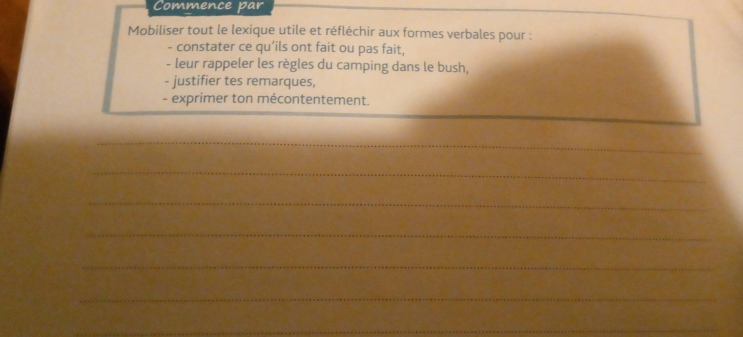 Commence par 
Mobiliser tout le lexique utile et réfléchir aux formes verbales pour : 
- constater ce qu’ils ont fait ou pas fait, 
- leur rappeler les règles du camping dans le bush, 
- justifier tes remarques, 
- exprimer ton mécontentement. 
_ 
_ 
_ 
_ 
_ 
_ 
_