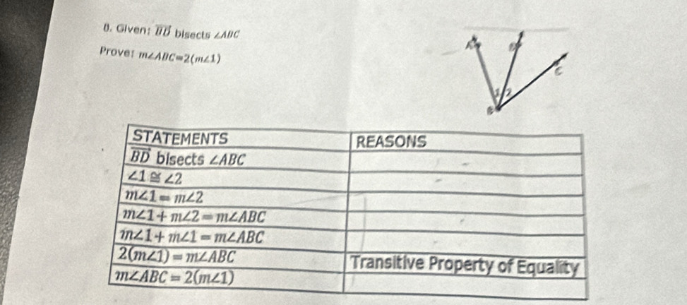 Given: overline BD bisects ∠ ABC
Prove: m∠ ABC=2(m∠ 1)