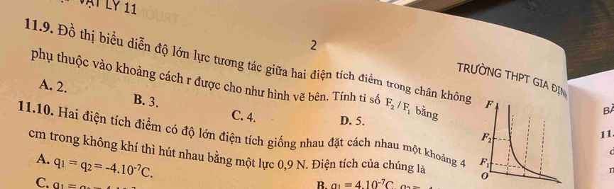 Vạt Lý 11
2
11.9. Đồ thị biểu diễn độ lớn lực tương tác giữa hai điện tích điểm trong chân không
TRƯỜNG THPT GIA ĐI
phụ thuộc vào khoảng cách r được cho như hình vẽ bên. Tinh tỉ số F_2/F_1 bǎng
A. 2. B. 3.
BÀ
C. 4. D. 5.
11.10. Hai điện tích điểm có độ lớn điện tích giống nhau đặt cách nhau một khoảng 4 
11.
C
cm trong không khí thì hút nhau bằng một lực 0,9 N. Điện tích của chúng là
A. q_1=q_2=-4.10^(-7)C.
n
C. a_1= R. a_1=4.10^(-7)C