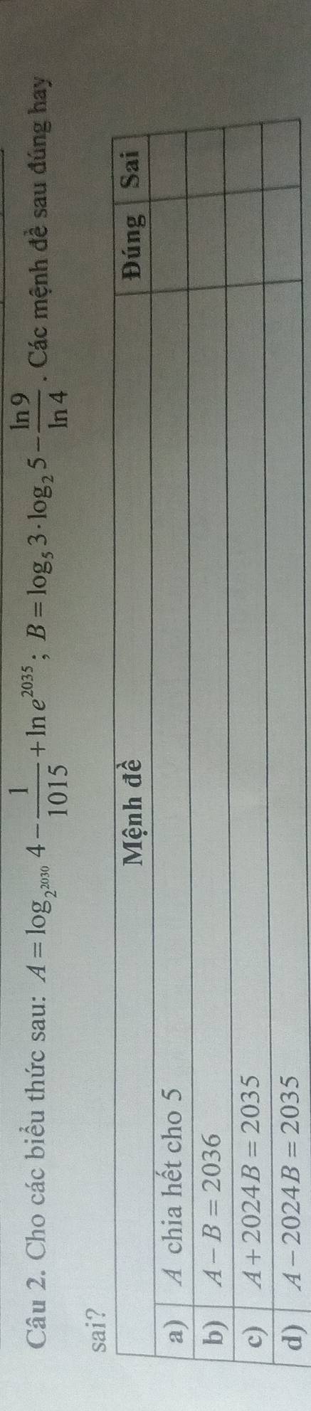 Cho các biểu thức sau: A=log _2^(2030)4- 1/1015 +ln e^(2035);B=log _53· log _25- ln 9/ln 4 . Các mệnh đề sau đúng hay