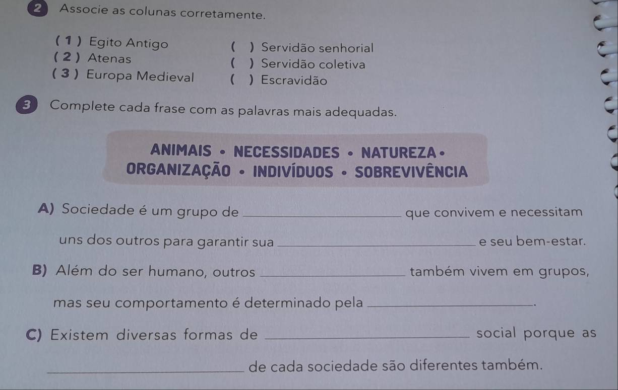 Associe as colunas corretamente. 
(1 ) Egito Antigo  ) Servidão senhorial 
2 ) Atenas ) Servidão coletiva 
 
3  Europa Medieval  Escravidão 
3 Complete cada frase com as palavras mais adequadas. 
ANIMAIS • NECESSIDADES • NATUREZA。 
ORGANIZAÇÃO - INDIVÍDUOS - SOBREVIVÊNCIA 
A) Sociedade é um grupo de _que convivem e necessitam 
uns dos outros para garantir sua _e seu bem-estar. 
B) Além do ser humano, outros _também vivem em grupos, 
mas seu comportamento é determinado pela __. 
C) Existem diversas formas de _social porque as 
_de cada sociedade são diferentes também.