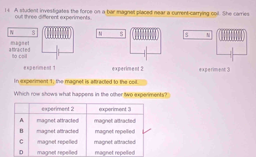 A student investigates the force on a bar magnet placed near a current-carrying coil. She carries 
out three different experiments.
N s
N s 
S N 
magnet 
attracted 
to coil 
experiment 1 experiment 2 experiment 3 
In experiment 1, the magnet is attracted to the coil. 
Which row shows what happens in the other two experiments?