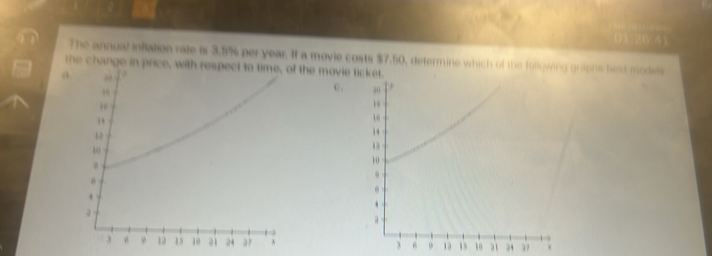 01:26:41
The annual inflation rale is 3.5% peryear. If a movie costs $7.50, determine which of the following graphs best modets
the change in price, with respect to time, of the movie ti
a.
C :
15 10 31 97 *