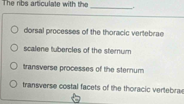 The ribs articulate with the
_.
dorsal processes of the thoracic vertebrae
scalene tubercles of the sternum
transverse processes of the sternum
transverse costal facets of the thoracic vertebrae
a