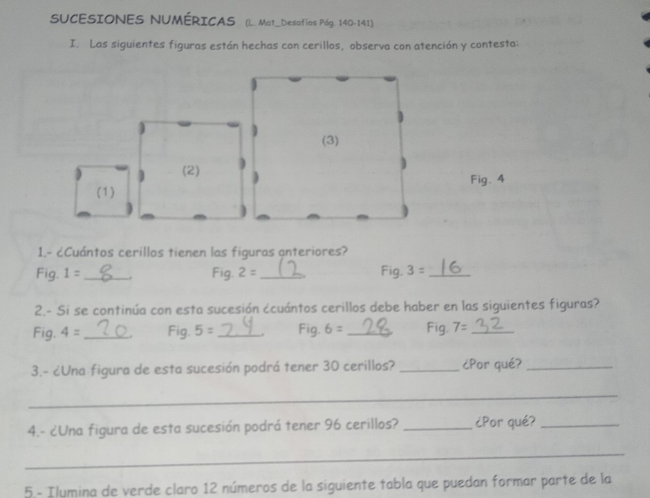 SUCESIONES NUMÉRICAS (L. Mat_Desafíos Pág. 140-141) 
I. Las siguientes figuras están hechas con cerillos, observa con atención y contesta: 
(2) 
(1)Fig. 4 
1.- ¿Cuántos cerillos tienen las figuras anteriores? 
Fig. 1= _Fig. 2= _Fig. 3= _ 
2.- Si se continúa con esta sucesión ¿cuántos cerillos debe haber en las siguientes figuras? 
Fig. 
Fig. 4= _. Fig. 5= _. Fig. 6= _ 7= _ 
3.- ¿Una figura de esta sucesión podrá tener 30 cerillos? _¿Por qué?_ 
_ 
4.- ¿Una figura de esta sucesión podrá tener 96 cerillos? _¿Por qué?_ 
_ 
5.- Ilumina de verde claro 12 números de la siguiente tabla que puedan formar parte de la