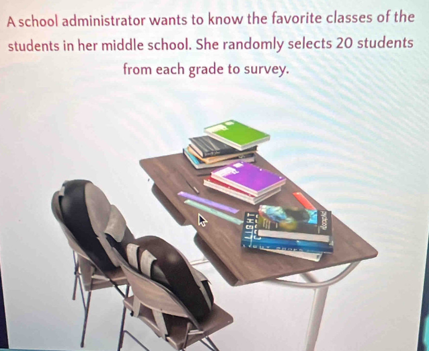 A school administrator wants to know the favorite classes of the 
students in her middle school. She randomly selects 20 students 
from each grade to survey.