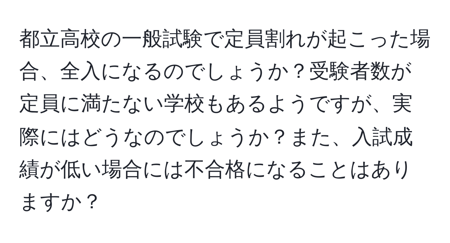 都立高校の一般試験で定員割れが起こった場合、全入になるのでしょうか？受験者数が定員に満たない学校もあるようですが、実際にはどうなのでしょうか？また、入試成績が低い場合には不合格になることはありますか？