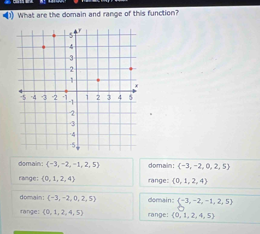 class link
What are the domain and range of this function?
domain:  -3,-2,-1,2,5 domain:  -3,-2,0,2,5
range:  0,1,2,4 range:  0,1,2,4
domain:  -3,-2,0,2,5 domain:  -3,-2,-1,2,5
range:  0,1,2,4,5  0,1,2,4,5
range: