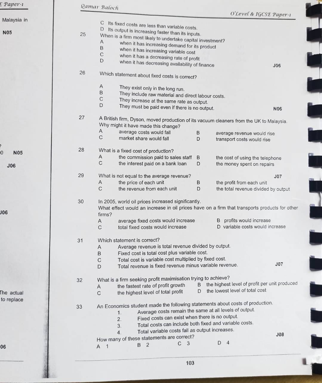 Solved: Paper-1 Qamar Baloch O'Level & IGCSE Paper-1 Malaysia in C Its ...