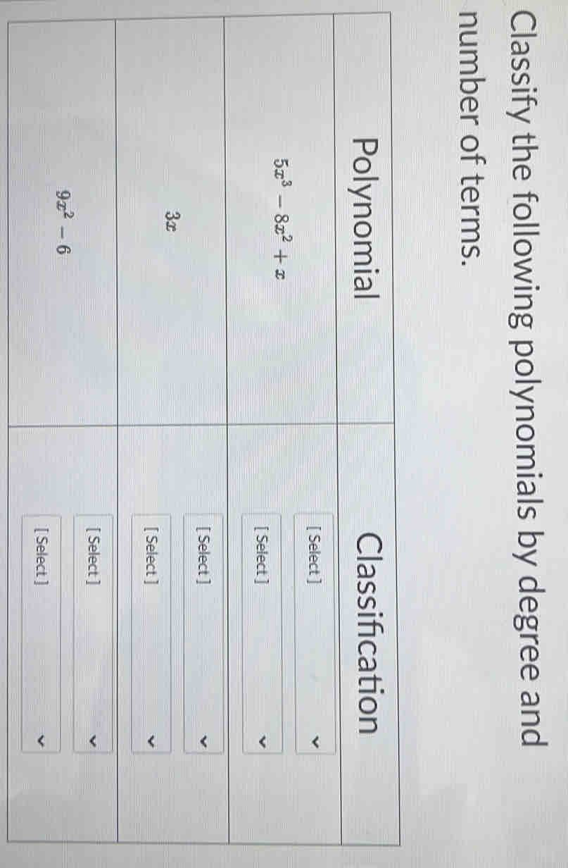 Classify the following polynomials by degree and
number of terms.