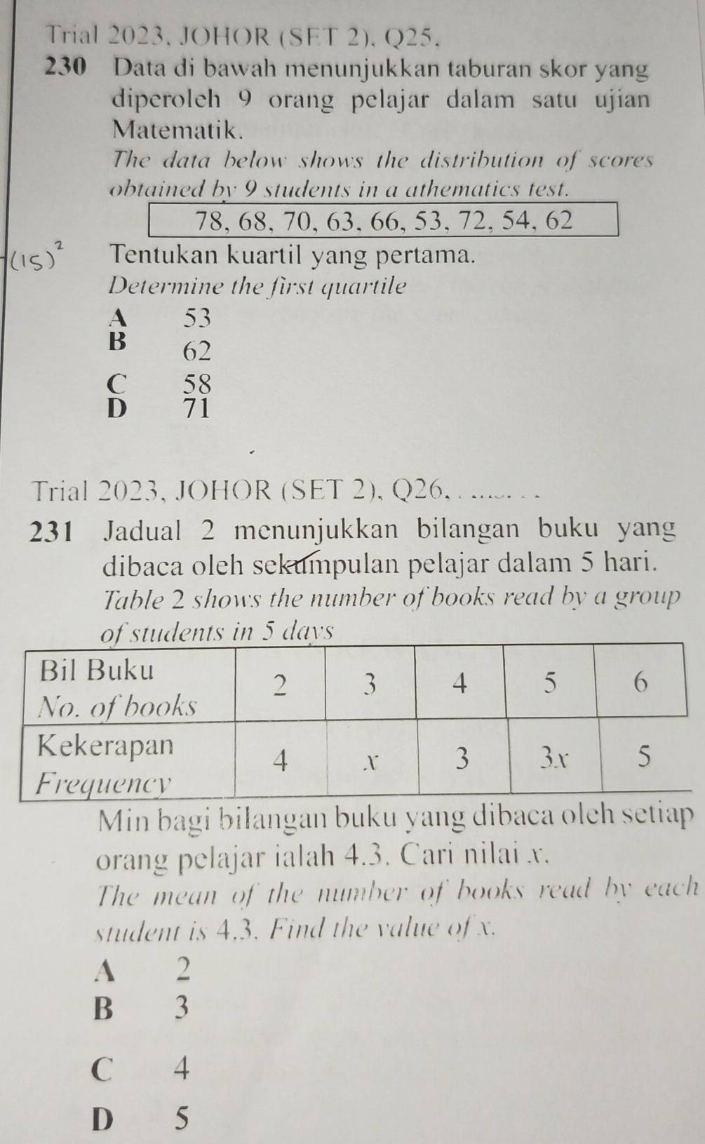 Trial 2023, JOHOR (SET 2). Q25.
230 Data di bawah menunjukkan taburan skor yang
diperoleh 9 orang pelajar dalam satu ujian 
Matematik.
The data below shows the distribution of scores
obtained by 9 students in a athematics test.
78, 68, 70, 63, 66, 53, 72, 54, 62
Tentukan kuartil yang pertama.
Determine the first quartile
A 53
B 62
C 58
D 71
Trial 2023, JOHOR (SET 2), Q26, . ..... . .
231 Jadual 2 menunjukkan bilangan buku yan
dibaca oleh sekumpulan pelajar dalam 5 hari.
Table 2 shows the number of books read by a group
in 5 days
Min bagi bilangan buku yang dibaca oleh setiap
orang pelajar ialah 4.3. Cari nilai x.
The mean of the number of books read by each
student is 4.3. Find the value of x.
A 2
B 3
C 4
D 5