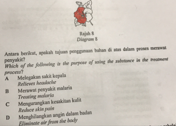 Rajah 8
Diagram 8
Antara berikut, apakah tujuan penggunaan bahan di atas dalam proses merawat
penyakit?
Which of the following is the purpose of using the substance in the treatment
process?
A Melegakan sakit kepala
Relieves headache
B Merawat penyakit malaria
Treating malaria
C Mengurangkan kesakitan kulit
Reduce skin pain
D Menghilangkan angin dalam badan
Eliminate air from the body