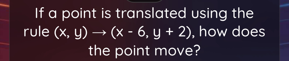 If a point is translated using the 
rule (x,y)to (x-6,y+2) , how does 
the point move?