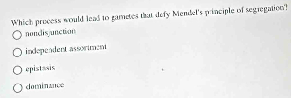 Which process would lead to gametes that defy Mendel's principle of segregation?
nondisjunction
independent assortment
epistasis
dominance