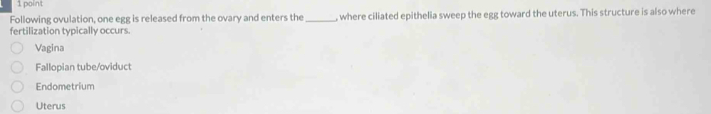 Following ovulation, one egg is released from the ovary and enters the_ where ciliated epithelia sweep the egg toward the uterus. This structure is also where
fertilization typically occurs.
Vagina
Fallopian tube/oviduct
Endometrium
Uterus