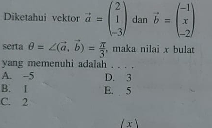 Diketahui vektor vector a=beginpmatrix 2 1 -3endpmatrix dan vector b=beginpmatrix -1 x -2endpmatrix
serta θ =∠ (vector a,vector b)= π /3  , maka nilai x bulat
yang memenuhi adalah . . . .
A. -5 D. 3
B. 1 E. 5
C. 2
(x)