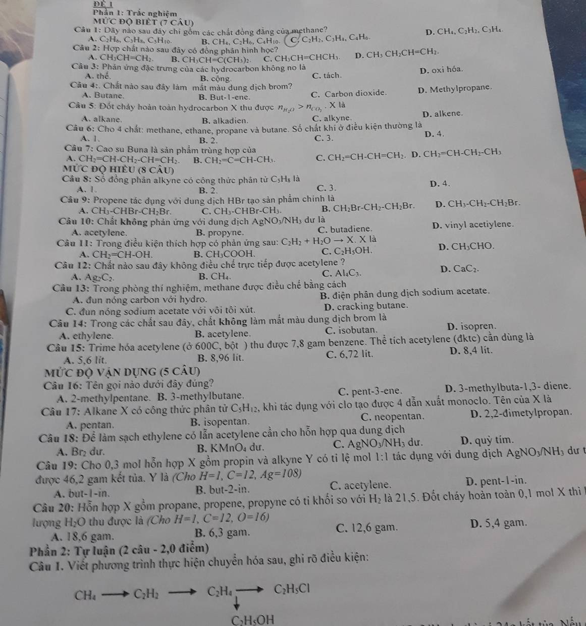  DE/Dh 
Phần 1: Trắc nghiệm
10°C độ BiÊt (7 câu)
Câu 1: 1 )ay y nào sau đây chi gồm các chất đồng đẳng của methane? D. CH_4,C_2H_2,C_3H_4.
A . C_2H_6,C_3H_8,C_5H_10 B. CH_4,C_2H_6,C_4H_1^((C_2)H_2),C_3H_4,C_4H_6.
Câu 2: Hợp chất nào sau đây có đồng phân hình học? CH_3CH_2CH=CH_2. . CH_3CH=CH_2. B. CH_3CH=C(CH_3)_2. C. CH_3CH=CHCH_3. D.
Câu 3: Phản ứng đặc trưng của các hydrocarbon không no là
A. thế B. cộng C. tách. D. oxi hóa.
Câu 4:. Chất nào sau đây làm mất màu dung dịch brom?
A. Butane. B. But-1-ene. C. Carbon dioxide. D. Methylpropane.
Cầu 5: Đốt cháy hoàn toàn hydrocarbon X thu được n_H_2O>n_CO_2. X là
A. alkane. B. alkadien. C. alkyne. D. alkene.
Câu 6: Cho 4 chất: methane, ethane, propane và butane. Số chất khi ở điều kiện thường là D. 4.
A. 1. B. 2. C. 3.
Câu 7: Cao su Buna là sản phẩm trùng hợp của CH_2=CH-CH_2-CH_3
A. CH_2=CH-CH_2-CH=CH_2. B. CH_2=C=CH-CH_3. C. CH_2=CH-CH=CH_2. D.
MỨC độ HI U(8Chat AU)
Câu 8: Số đồng phân alkyne có công thức phân tử C_5H_8 là
A. 1. B. 2. C. 3. D. 4.
Câu 9: Propene tác dụng với dung dịch HBr tạo sản phẩm chính là
A. CH_3-CHBr-CH_2Br. C. CH_3-CHBr-CH_3. B. CH_2Br-CH_2-CH_2Br. D. CH_3-CH_2-CH_2Br.
Câu 10: Chất không phản ứng với dung dịch AgNO_3/NH_3 dư là
A. acetylene. B. propyne. C. butadiene. D. vinyl acetiylene.
Câu 11: Trong điều kiện thích hợp có phản ứng sau: C_2H_2+H_2Oto X.Xl
A. CH_2=CH-OH. B. CH₃COOH.
C. C_2H_5OH.
D. CH_3CHO.
Câu 12: Chất nào sau đây không điều chế trực tiếp được acetylene ?
A. Ag_2C_2. B. CH_4.
C. AI_4C_3.
D. CaC_2.
Câu 13: Trong phòng thí nghiệm, methane được điều chế bằng cách
A. đun nóng carbon với hydro. B điện phân dung dịch sodium acetate.
C. đun nóng sodium acetate với vôi tôi xút. D. cracking butane.
Câu 14: Trong các chất sau đây, chất không làm mắt màu dung dịch brom là
A. ethylene. B. acetylene. C. isobutan. D. isopren.
Câu 15: Trime hóa acetylene (ở 600C, bột ) thu được 7,8 gam benzene. Thể tích acetylene (đktc) cần dùng là
A. 5,6 lit. B. 8,96 lit. C. 6,72 lit. D. 8,4 lit.
MỨC độ Vận Dụng (5 câU)
Câu 16: Tên gọi nào dưới đây đúng?
A. 2-methylpentane. B. 3-methylbutane. C. pent-3-ene. D. 3-methylbuta-1,3- diene.
Câu 17: Alkane X có công thức phân tử C_5H_12 2, khi tác dụng với clo tạo được 4 dẫn xuất monoclo. Tên của X là
A. pentan. B. isopentan. C. neopentan. D. 2,2-đimetylpropan.
Câu 18: Để làm sạch ethylene có lẫn acetylene cần cho hỗn hợp qua dung dịch
A. Br₂ dư. du. C. AgNO_3/NH_2 dư. D. quỳ tím.
B. KMnO_4
Câu 19: Cho 0,3 mol hỗn hợp X gồm propin và alkyne Y có tỉ lệ mol 1:1 tác dụng với dung dịch AgNO_3/NH_3 dư t
được 46,2 gam kết tủa. Y là (Cho H=1,C=12,Ag=108)
A. but-1-in. B. but-2-in. C. acetylene. D. pent-1-in.
Câu 20: Hỗn hợp X gồm propane, propene, propyne có ti khối so với H_2 là 21,5. Đốt cháy hoàn toàn 0,1 mol X thì1
lượng H_2O thu được là (Cho H=1,C=12,O=16) D. 5,4 gam.
A. 18,6 gam. B. 6,3 gam. C. 12,6 gam.
Phần 2: Tự luận (2chat au-2,0dihat em)
Câu I. Viết phương trình thực hiện chuyển hóa sau, ghi rõ điều kiện:
CH_4to C_2H_2 to C_2H_4to C_2H_5Cl
C_2H_5OH
